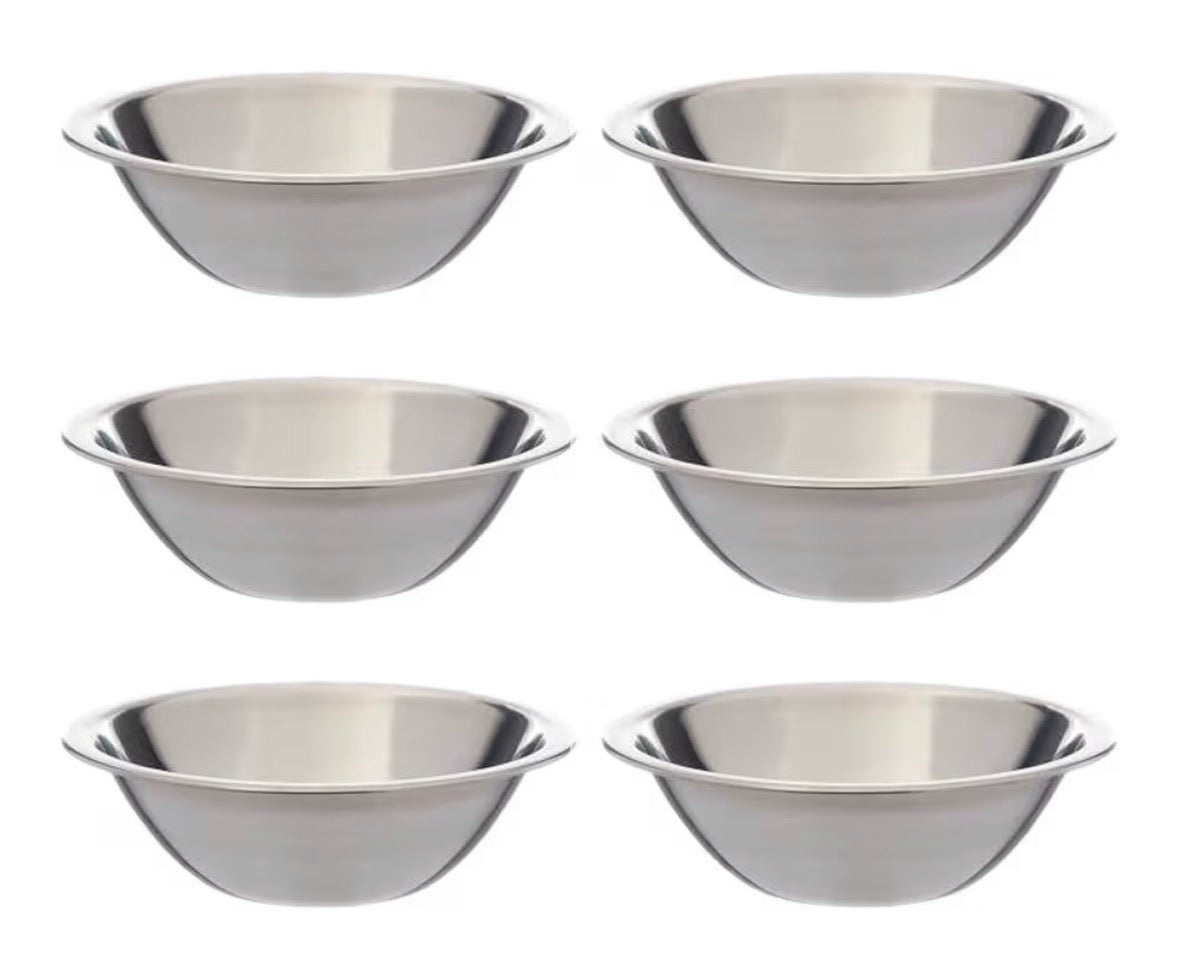 SET OF 6-6 1/2 Inch Wide Stainless Steel Flat Rim Flat Base Mixing Bowl