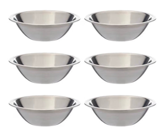 SET OF 6-6 1/2 Inch Wide Stainless Steel Flat Rim Flat Base Mixing Bowl