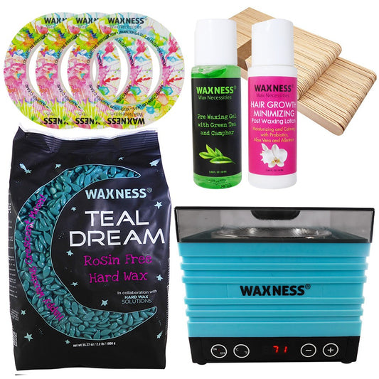 Premium Teal Dream Professional Stripless Waxing Kit with W-CUBE Teal Warmer and 2.2 lb 1 kg Wax Bag